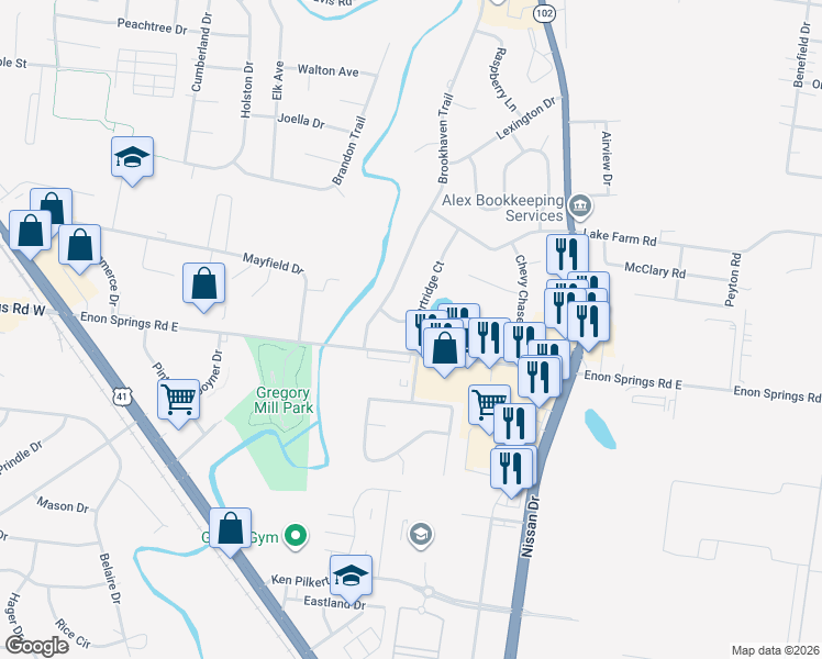 map of restaurants, bars, coffee shops, grocery stores, and more near 411 Enon Springs Road East in Smyrna