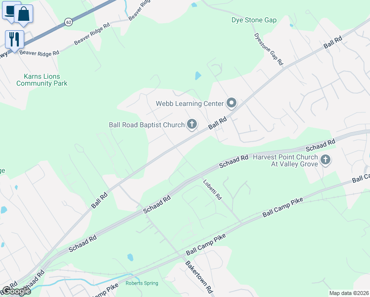 map of restaurants, bars, coffee shops, grocery stores, and more near 6500 Ball Road in Knoxville