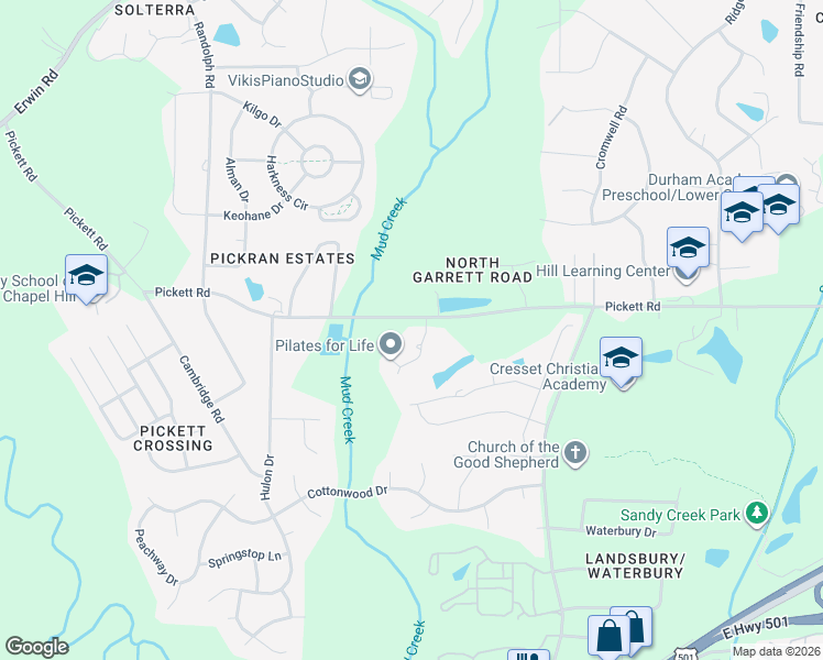 map of restaurants, bars, coffee shops, grocery stores, and more near 3511 Pickett Road in Durham