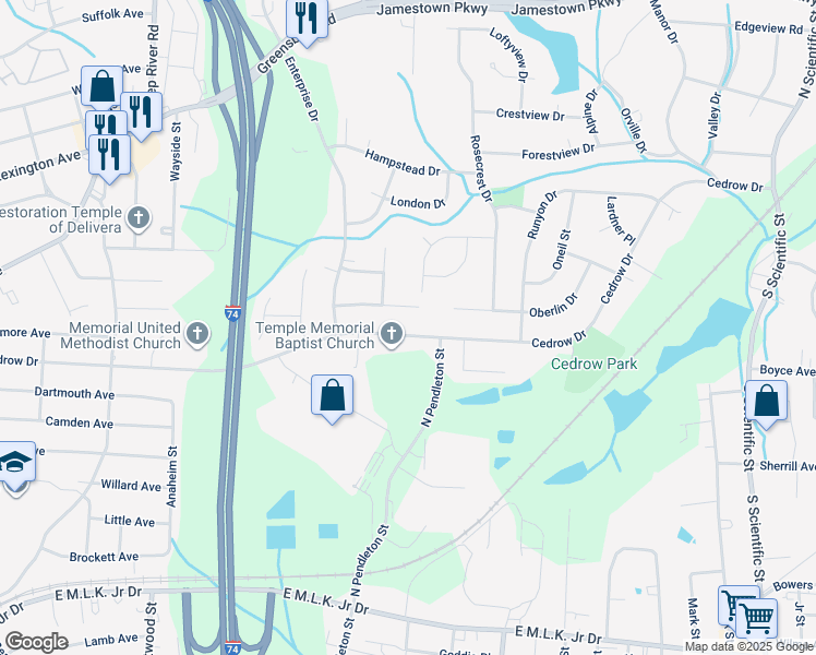 map of restaurants, bars, coffee shops, grocery stores, and more near 1473 Cedrow Drive in High Point