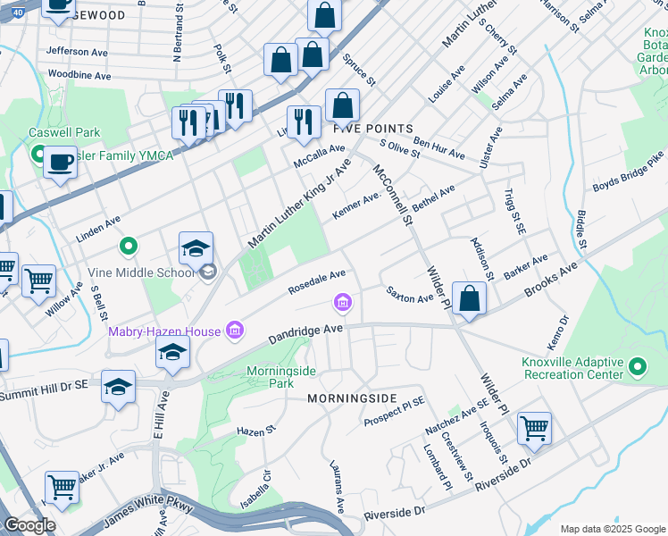 map of restaurants, bars, coffee shops, grocery stores, and more near 1962 Rosedale Avenue in Knoxville