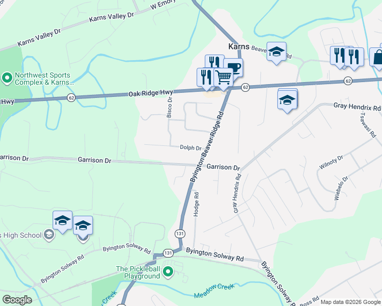 map of restaurants, bars, coffee shops, grocery stores, and more near 8605 Garrison Drive in Knoxville