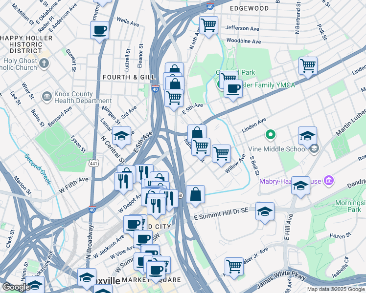 map of restaurants, bars, coffee shops, grocery stores, and more near 600 East Magnolia Ave NE in Knoxville