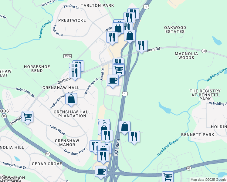 map of restaurants, bars, coffee shops, grocery stores, and more near 12000 Retail Drive in Wake Forest