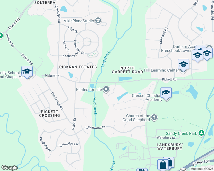 map of restaurants, bars, coffee shops, grocery stores, and more near 3511 Pickett Road in Durham