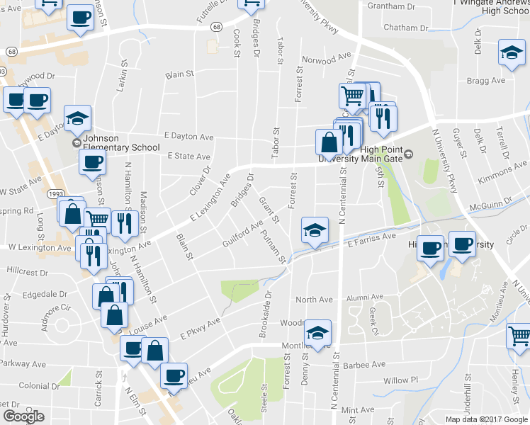 map of restaurants, bars, coffee shops, grocery stores, and more near 1001 Grant Street in High Point