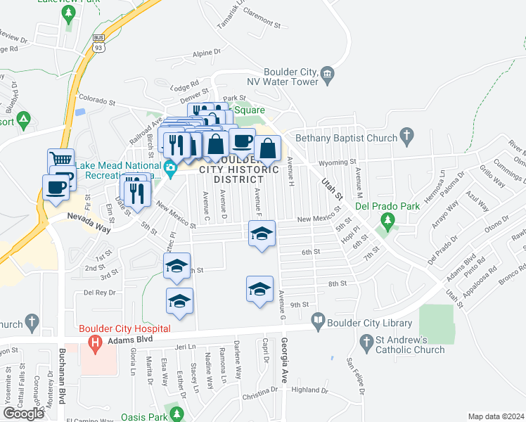 map of restaurants, bars, coffee shops, grocery stores, and more near 655 Avenue F in Boulder City