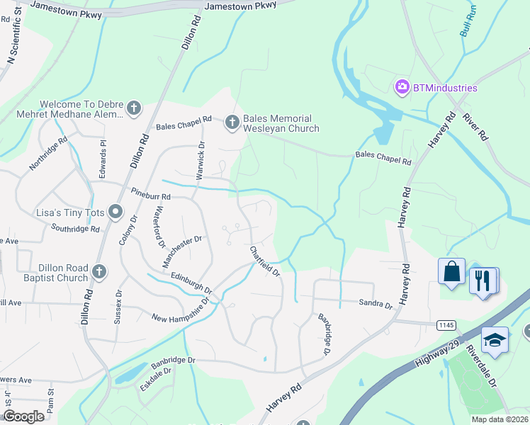 map of restaurants, bars, coffee shops, grocery stores, and more near 4036 Sherry Court in Jamestown