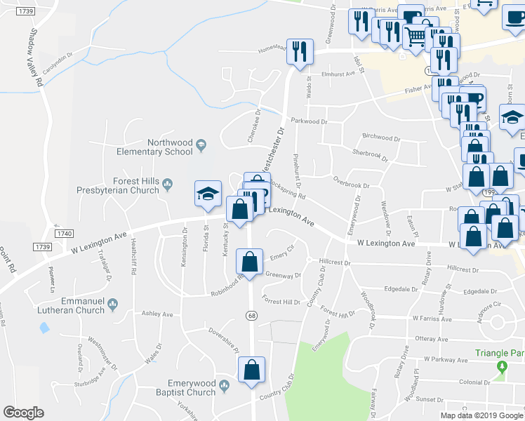 map of restaurants, bars, coffee shops, grocery stores, and more near 705 West Lexington Avenue in High Point