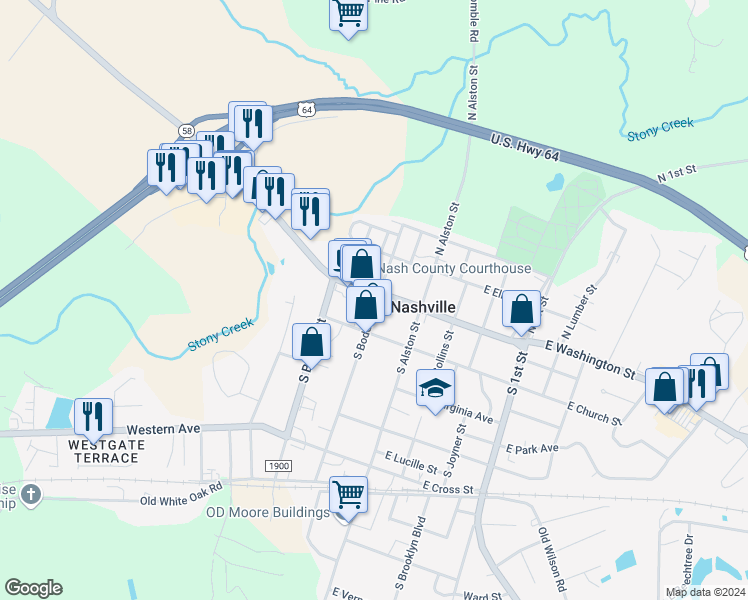 map of restaurants, bars, coffee shops, grocery stores, and more near 201 West Washington Street in Nashville