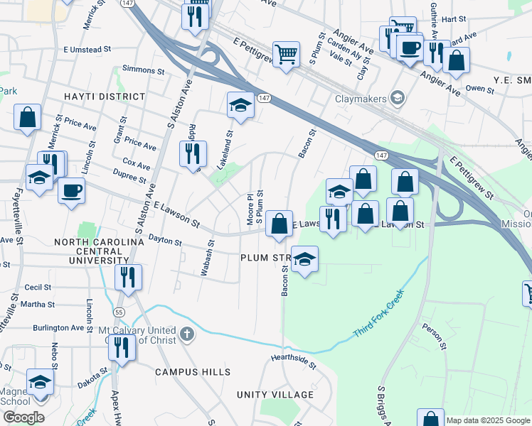 map of restaurants, bars, coffee shops, grocery stores, and more near 815 South Plum Street in Durham