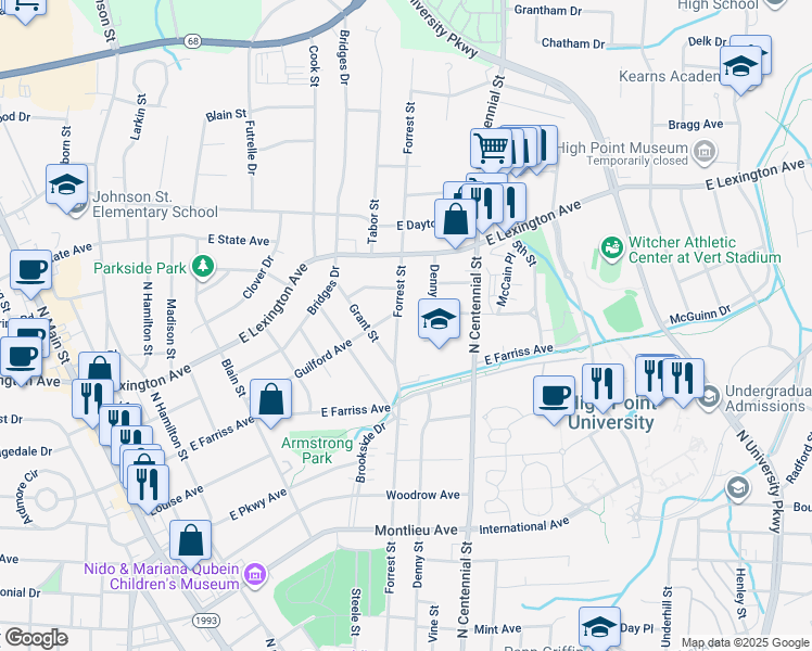 map of restaurants, bars, coffee shops, grocery stores, and more near 918 Forrest Street in High Point