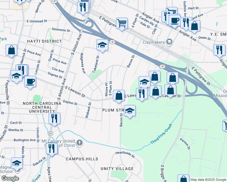 map of restaurants, bars, coffee shops, grocery stores, and more near 815 South Plum Street in Durham
