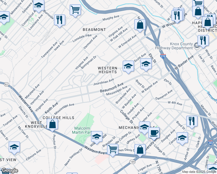 map of restaurants, bars, coffee shops, grocery stores, and more near 1423 Beaumont Avenue in Knoxville