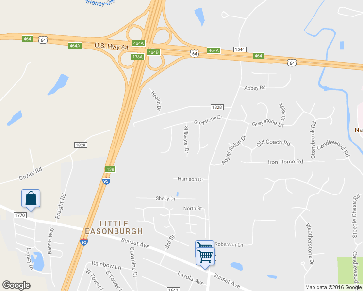 map of restaurants, bars, coffee shops, grocery stores, and more near 444 Stillwater Drive in Rocky Mount