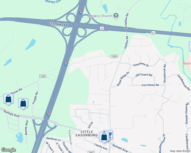 map of restaurants, bars, coffee shops, grocery stores, and more near 444 Stillwater Drive in Rocky Mount
