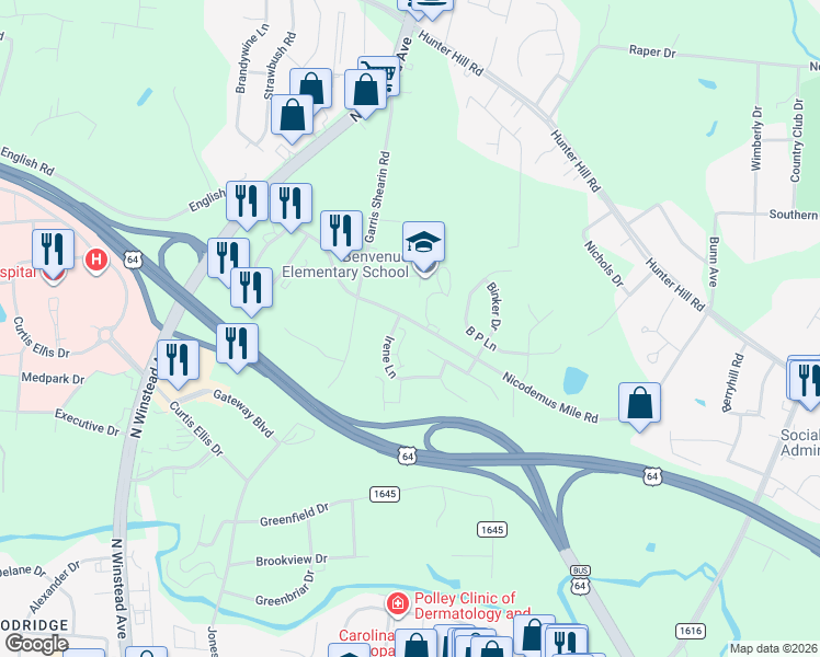 map of restaurants, bars, coffee shops, grocery stores, and more near 2532 Sexton Road in Rocky Mount