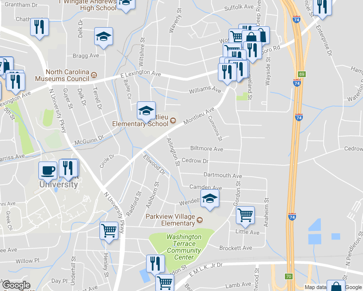 map of restaurants, bars, coffee shops, grocery stores, and more near 1113 Biltmore Avenue in High Point