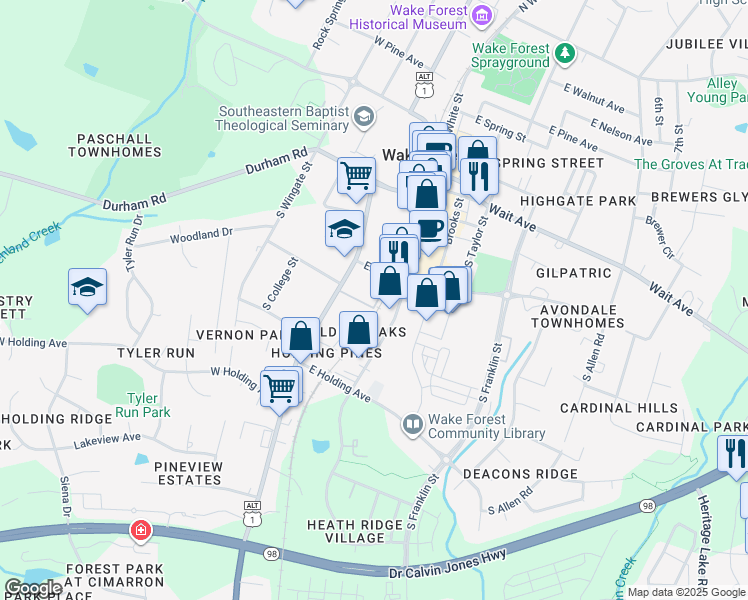 map of restaurants, bars, coffee shops, grocery stores, and more near 434 South White Street in Wake Forest