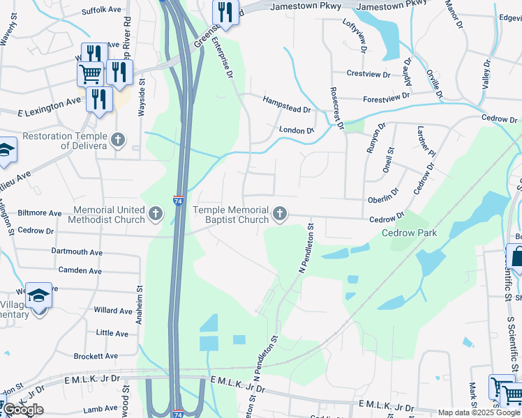 map of restaurants, bars, coffee shops, grocery stores, and more near 1473 Cedrow Drive in High Point