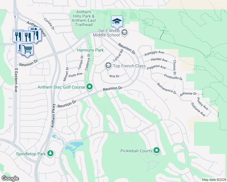 map of restaurants, bars, coffee shops, grocery stores, and more near 3 Isleworth Drive in Henderson