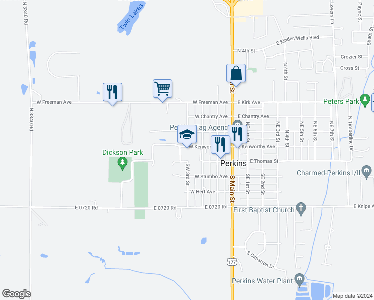 map of restaurants, bars, coffee shops, grocery stores, and more near 390 West Kenworthy Avenue in Perkins