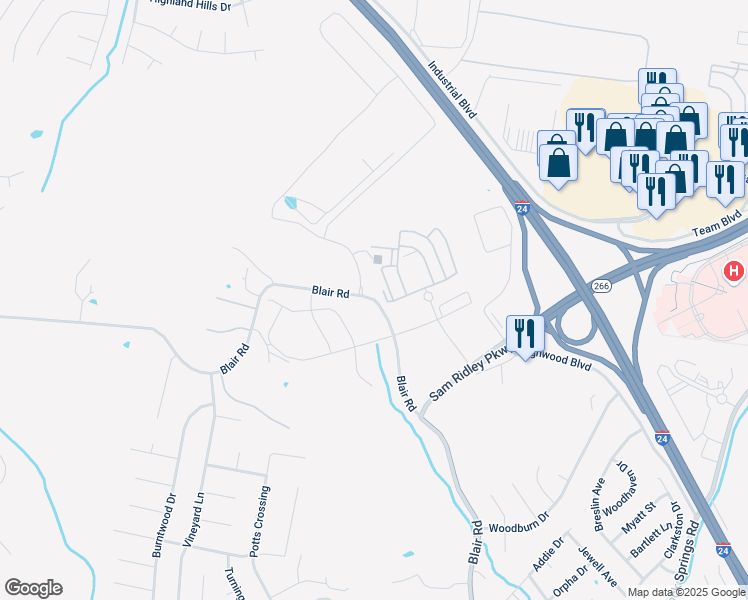 map of restaurants, bars, coffee shops, grocery stores, and more near 257 Blair Road in Smyrna