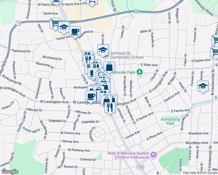 map of restaurants, bars, coffee shops, grocery stores, and more near 1414 Welborn Street in High Point