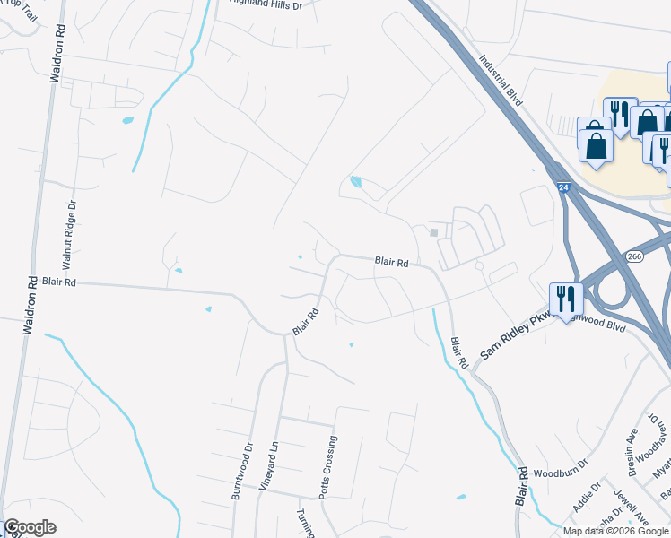 map of restaurants, bars, coffee shops, grocery stores, and more near 439-455 Blair Road in La Vergne
