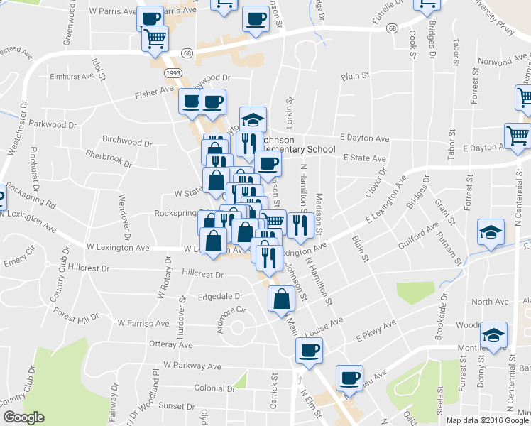 map of restaurants, bars, coffee shops, grocery stores, and more near 1414 Welborn Street in High Point