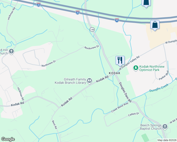 map of restaurants, bars, coffee shops, grocery stores, and more near 446 Kodak Road in Kodak