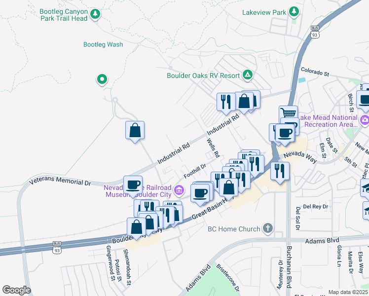 map of restaurants, bars, coffee shops, grocery stores, and more near 800 Industrial Court in Boulder City