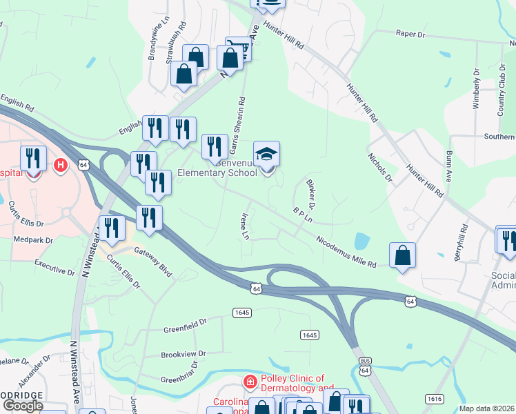 map of restaurants, bars, coffee shops, grocery stores, and more near 2532 Sexton Road in Rocky Mount