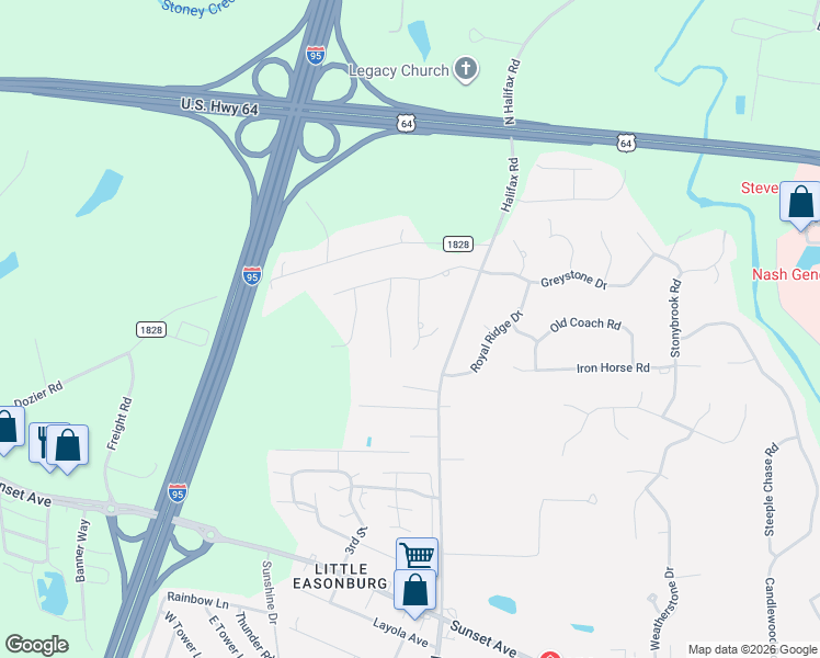 map of restaurants, bars, coffee shops, grocery stores, and more near 440 Somerset Way in Rocky Mount