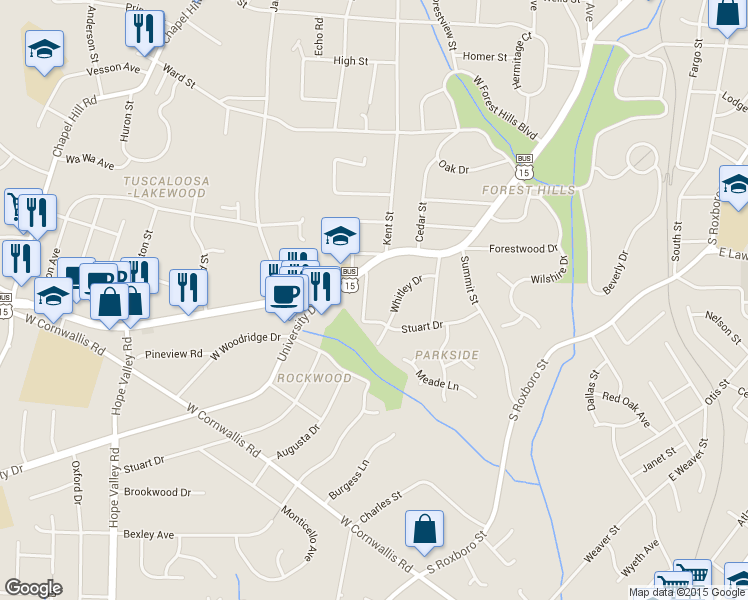map of restaurants, bars, coffee shops, grocery stores, and more near 2302 Stuart Drive in Durham