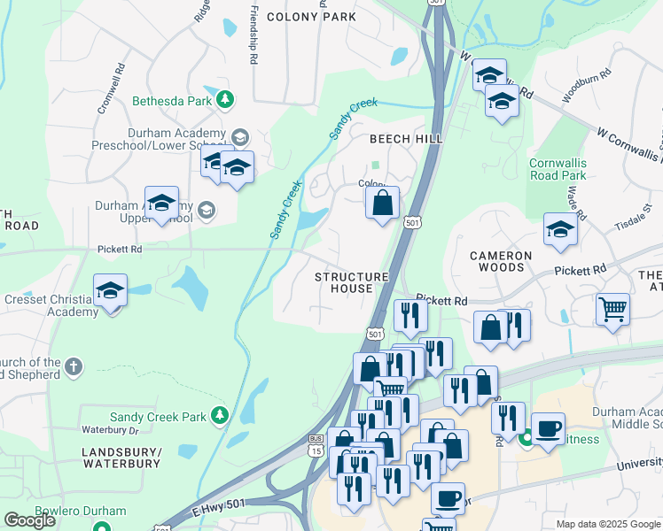 map of restaurants, bars, coffee shops, grocery stores, and more near 3016 Pickett Road in Durham