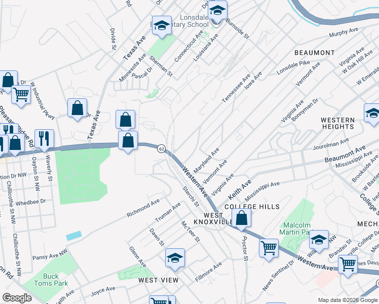 map of restaurants, bars, coffee shops, grocery stores, and more near 2114 Massachusetts Avenue in Knoxville