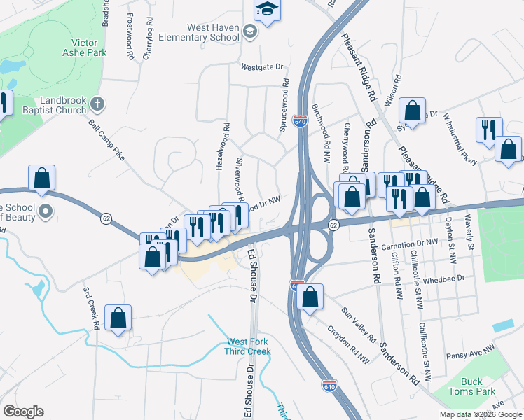 map of restaurants, bars, coffee shops, grocery stores, and more near 4317 Ball Camp Pike in Knoxville