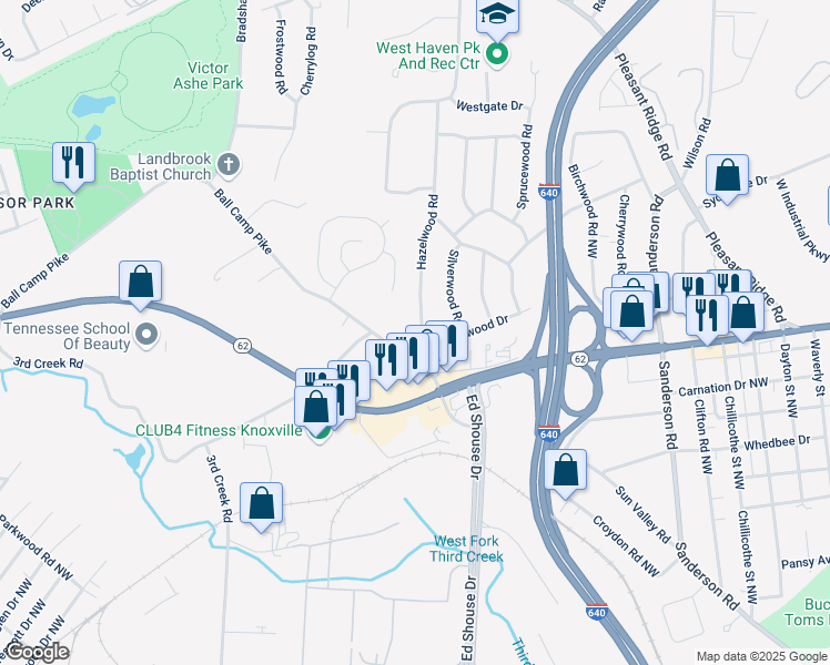 map of restaurants, bars, coffee shops, grocery stores, and more near 4411 Ball Camp Pike in Knoxville
