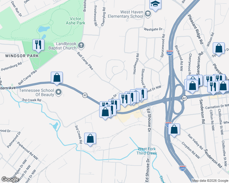 map of restaurants, bars, coffee shops, grocery stores, and more near 4400 Hinton Drive in Knoxville