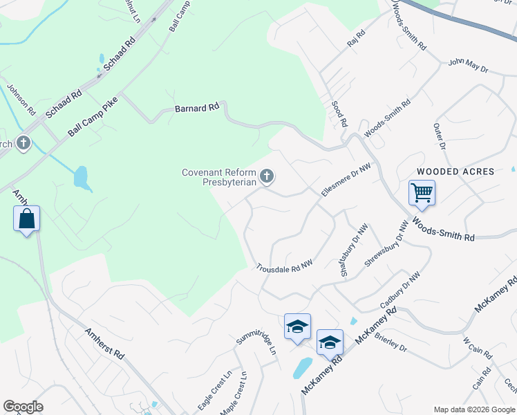 map of restaurants, bars, coffee shops, grocery stores, and more near 6804 Trousdale Road Northwest in Knoxville