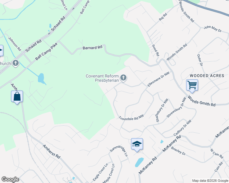 map of restaurants, bars, coffee shops, grocery stores, and more near 6804 Trousdale Road Northwest in Knoxville
