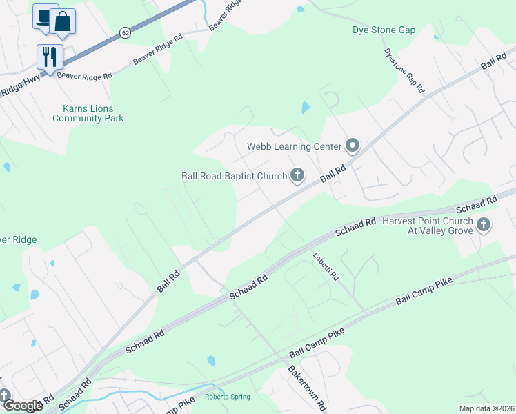 map of restaurants, bars, coffee shops, grocery stores, and more near 6513 Ball Road in Knoxville