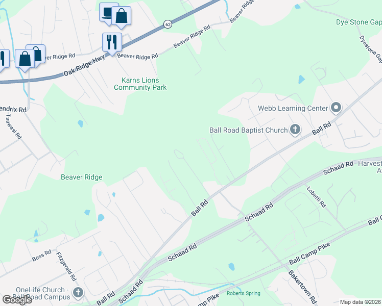 map of restaurants, bars, coffee shops, grocery stores, and more near 6905 Ball Road in Knoxville