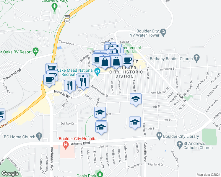 map of restaurants, bars, coffee shops, grocery stores, and more near in Boulder City