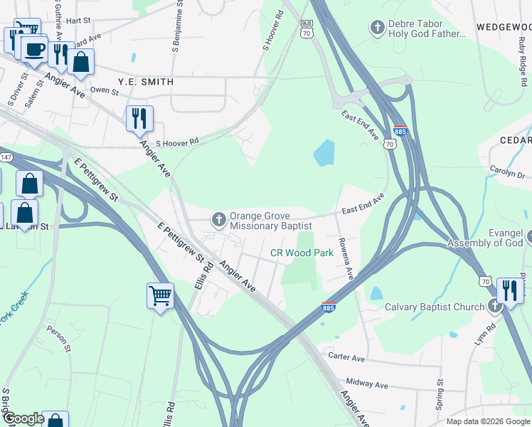 map of restaurants, bars, coffee shops, grocery stores, and more near 405 East End Avenue in Durham