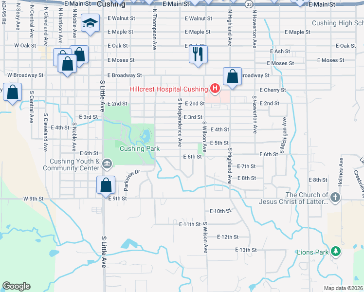 map of restaurants, bars, coffee shops, grocery stores, and more near 910 East 6th Street in Cushing