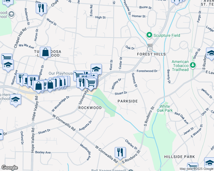 map of restaurants, bars, coffee shops, grocery stores, and more near 2215 East Shoreham Street in Durham
