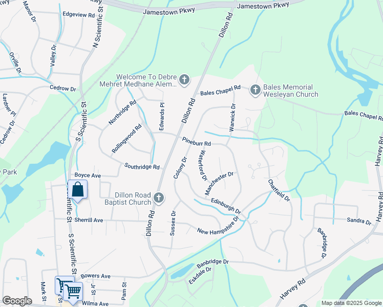 map of restaurants, bars, coffee shops, grocery stores, and more near 3212 Colony Drive in Jamestown