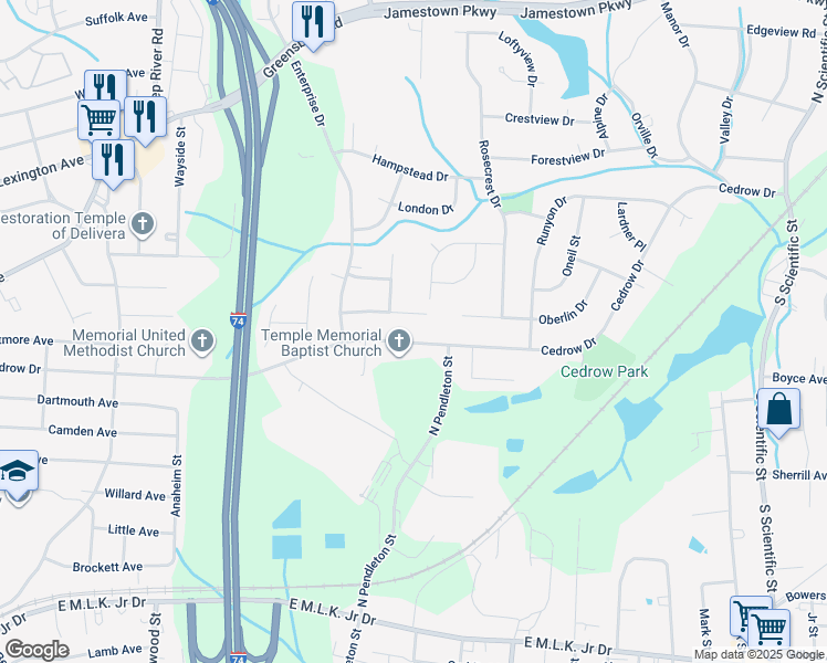 map of restaurants, bars, coffee shops, grocery stores, and more near 1477 Cedrow Drive in High Point
